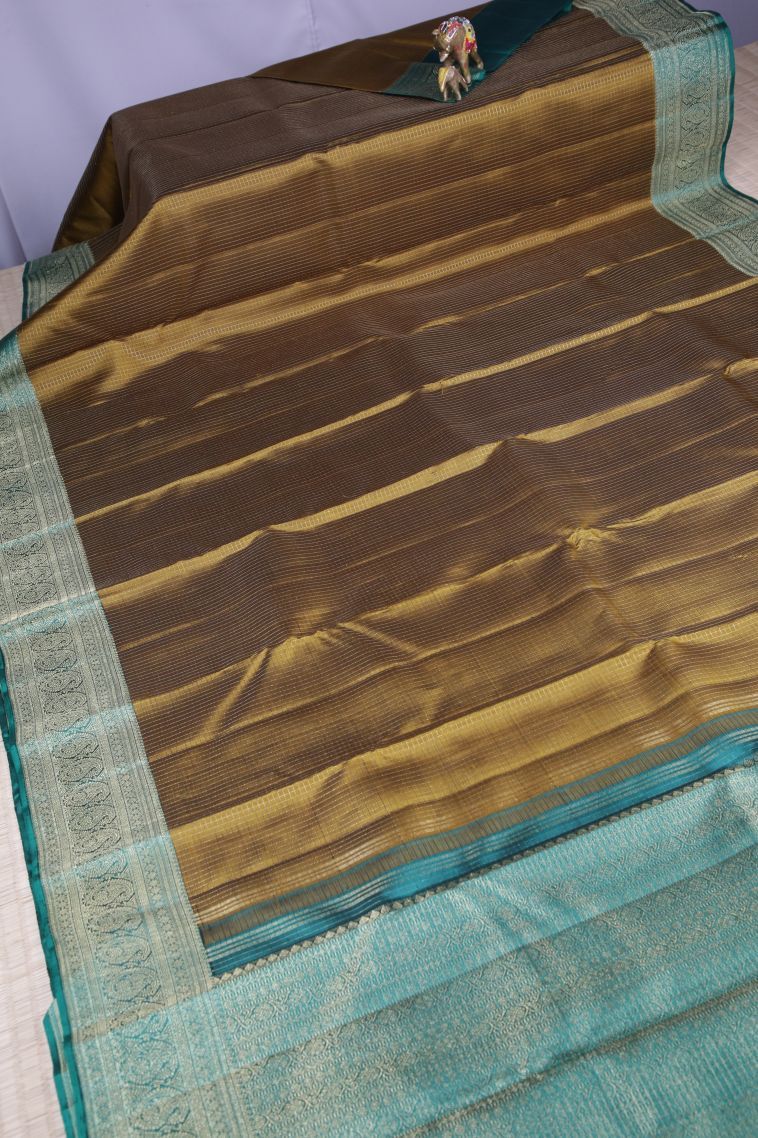 Olive Green Kanchipuram Silk Sarees with Gold Zari Checks view 2