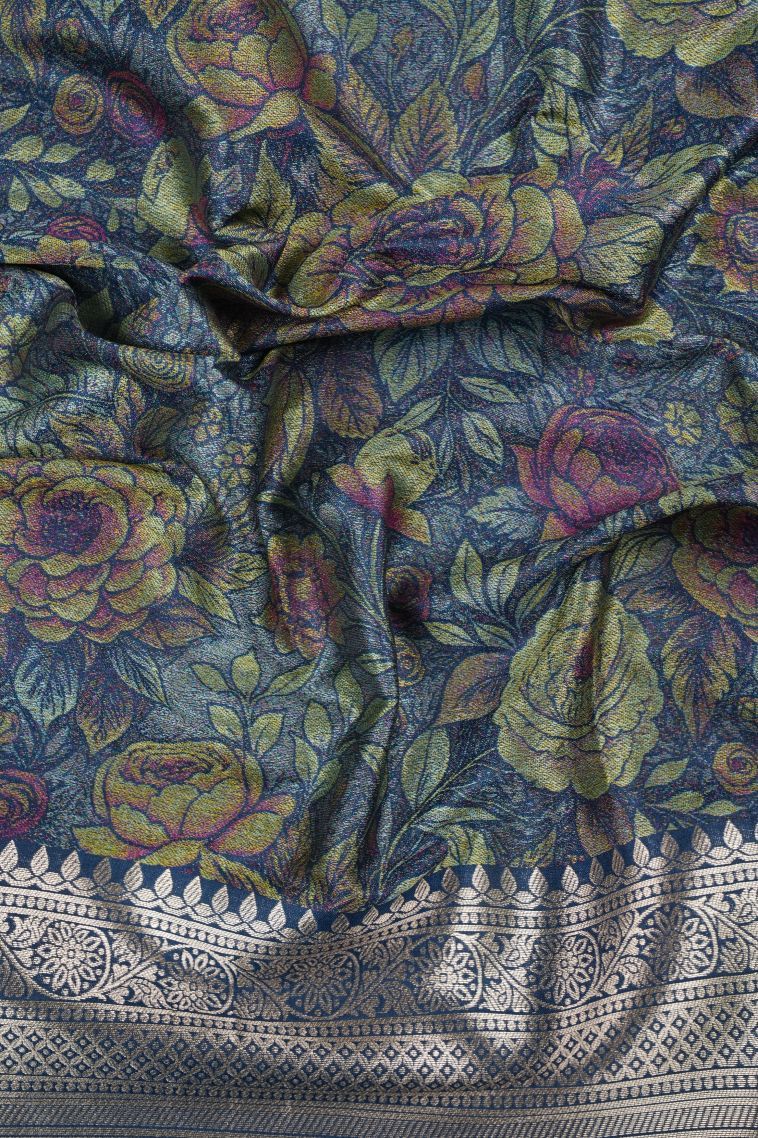 Aegean Blue Banaras Sarees with Copper Zari Floral Patterns view 3