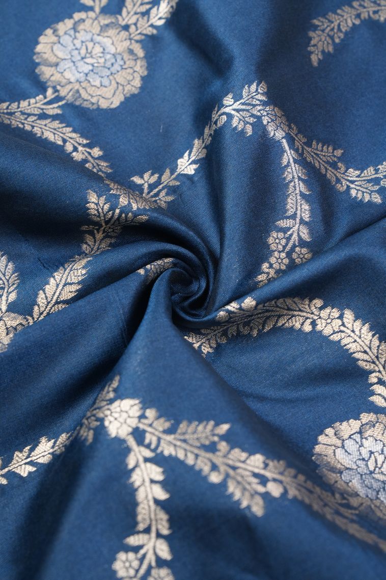 Aegean Blue Banaras Sarees with Copper Zari Floral Patterns view 4