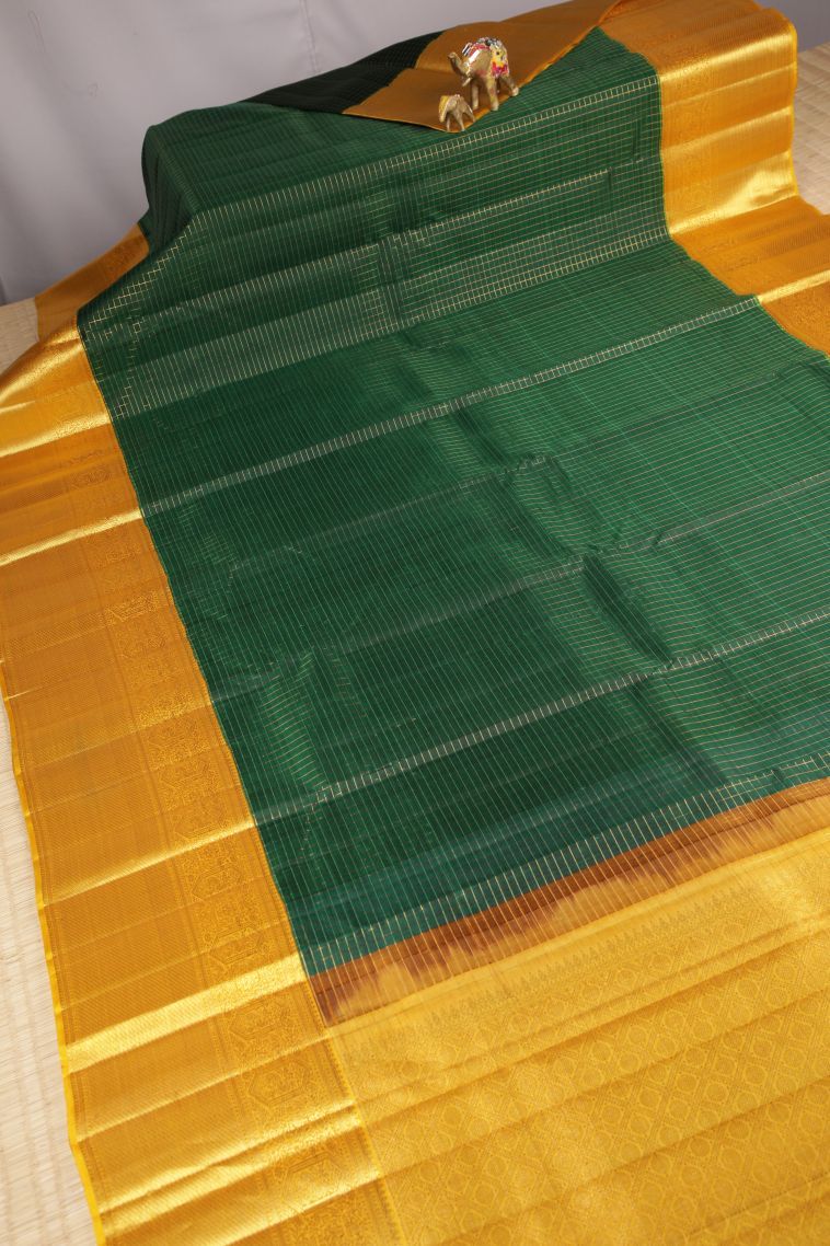 Basil Green Kanchipuram Silk Sarees with Without Zari Zari Checks view 2