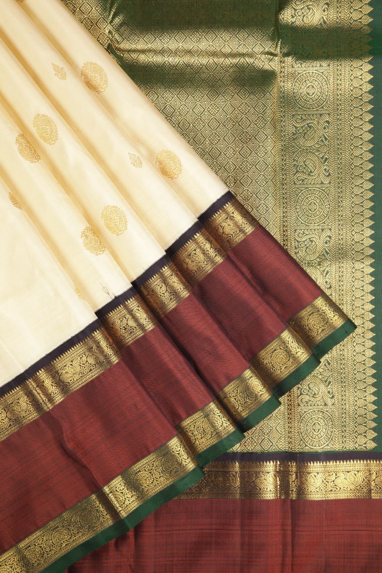 Cream White Kanchipuram Silk Sarees with Gold Zari Buttis (small Dots Or Motifs) view 1