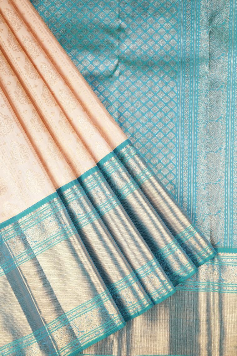 Cream White Kanchipuram Silk Sarees with Gold Zari Stripes view 1