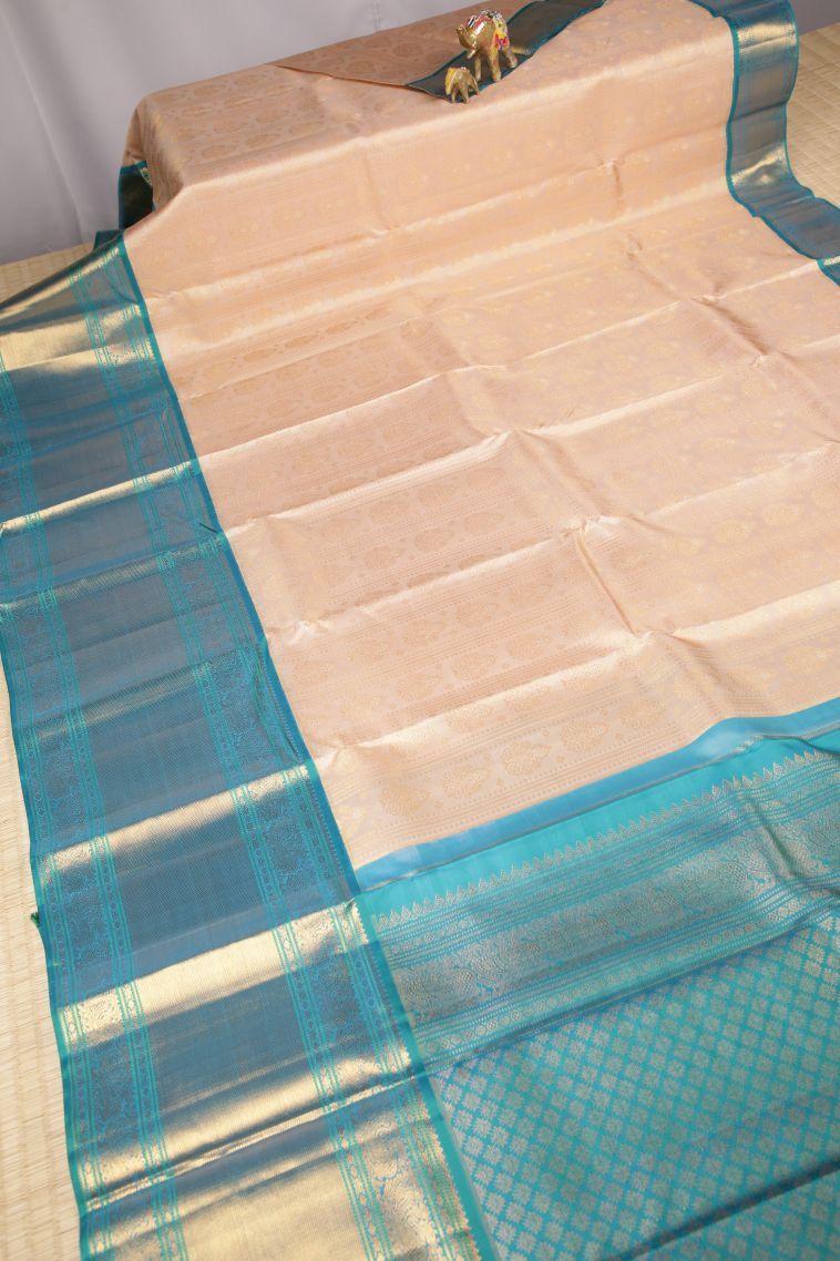 Cream White Kanchipuram Silk Sarees with Gold Zari Stripes view 2