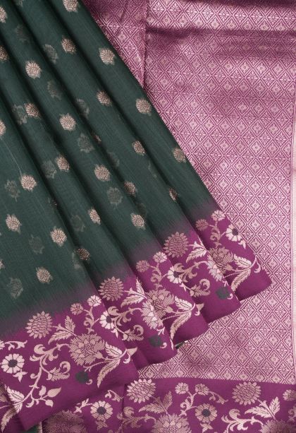 Bottle Green Tussar Saree with Copper Zari Buttis (small Dots Or Motifs)