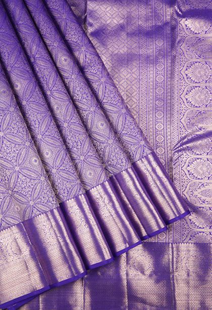 Admiral Blue Kanchipuram Silk Sarees with Copper Zari Floral Patterns
