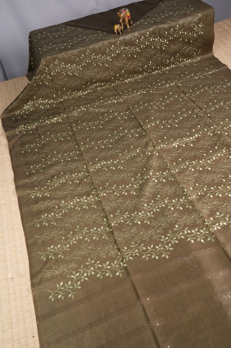 Sage Green Tussar Saree with Without Zari Zari Floral Patterns view 2