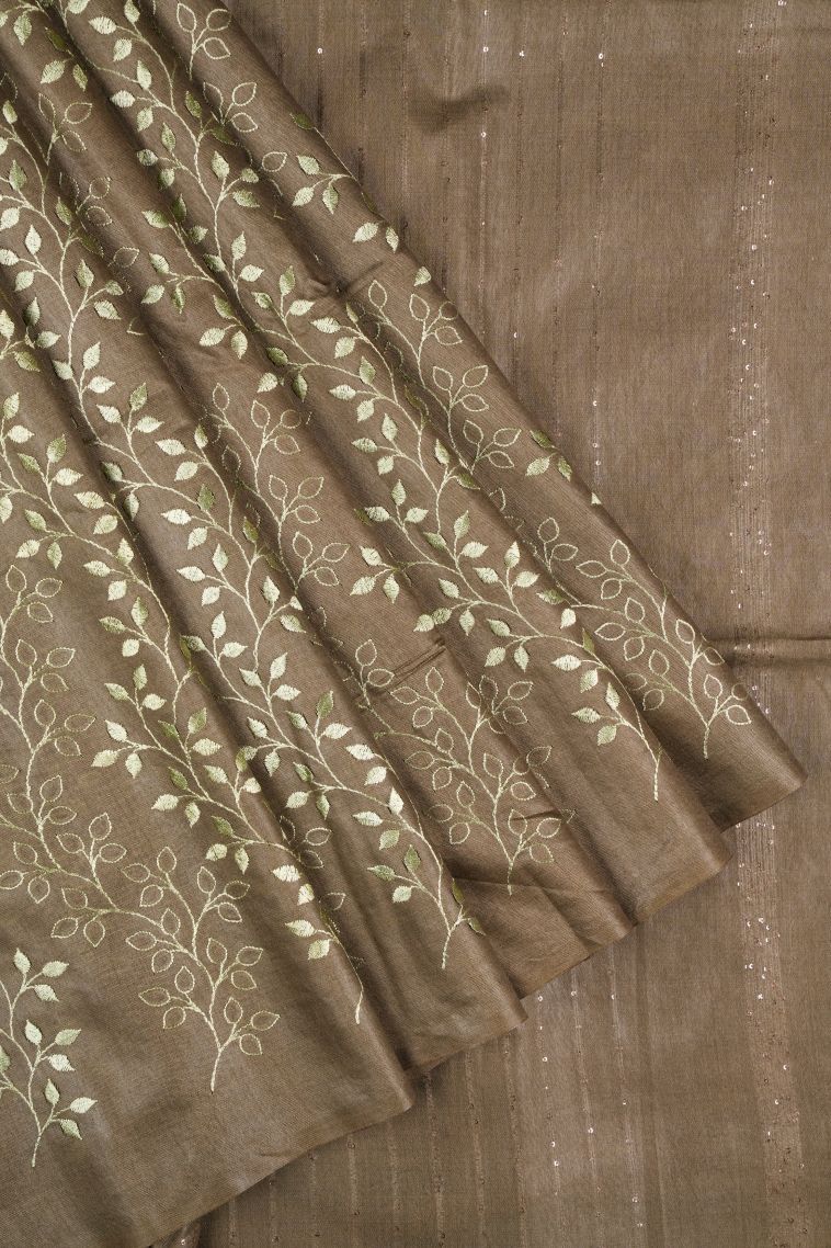 Sage Green Tussar Saree with Without Zari Zari Floral Patterns view 1