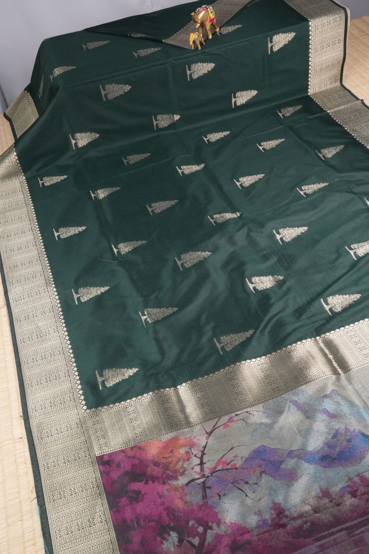 Bottle Green Banaras Sarees with Copper Zari Buttis (small Dots Or Motifs) view 2