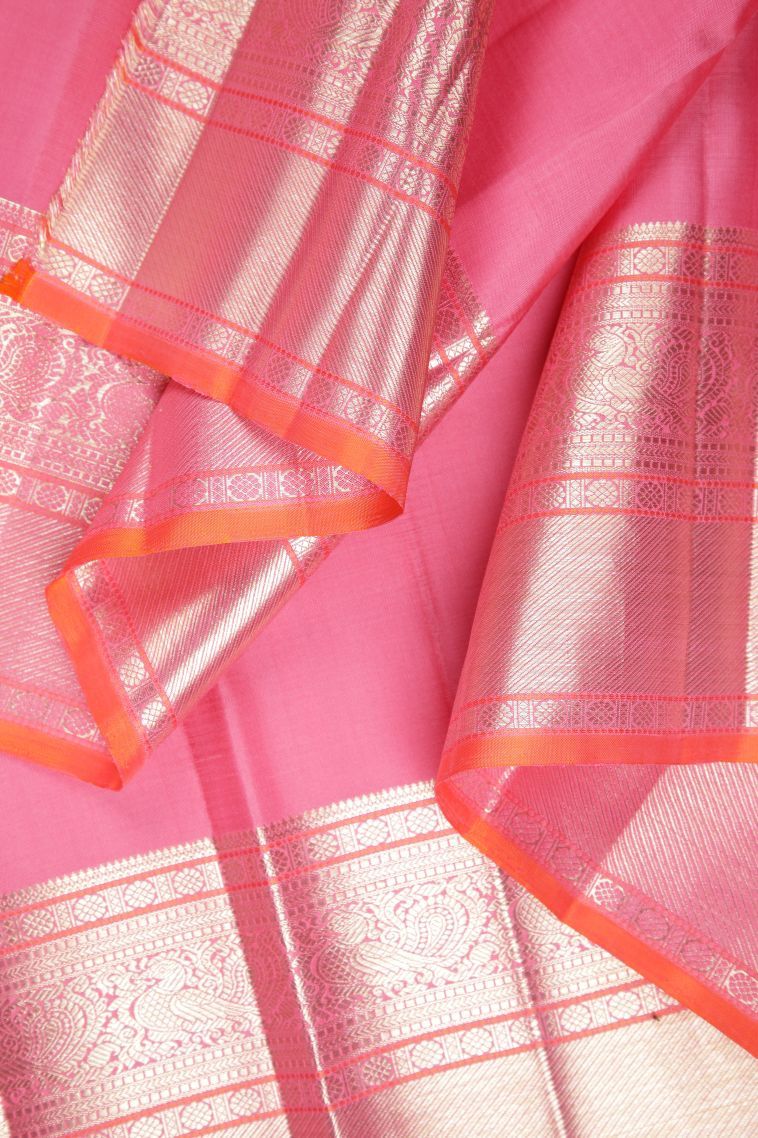 Lemonade Pink Kanchipuram Silk Sarees with Gold Zari Stripes view 3