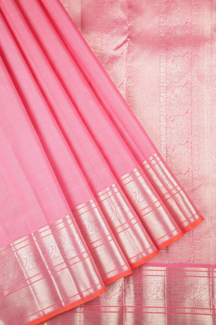 Lemonade Pink Kanchipuram Silk Sarees with Gold Zari Stripes view 1