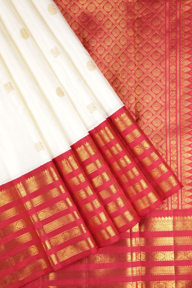 Daisy White Kanchipuram Silk Sarees with Gold Zari Buttis (small Dots Or Motifs) view 1