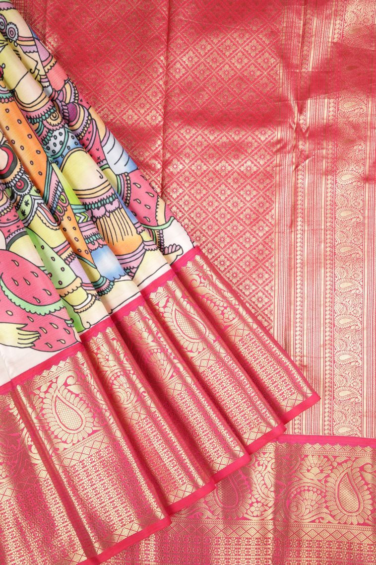 Alabaster White Kanchipuram Silk Sarees with Without Zari Zari Floral Patterns view 1