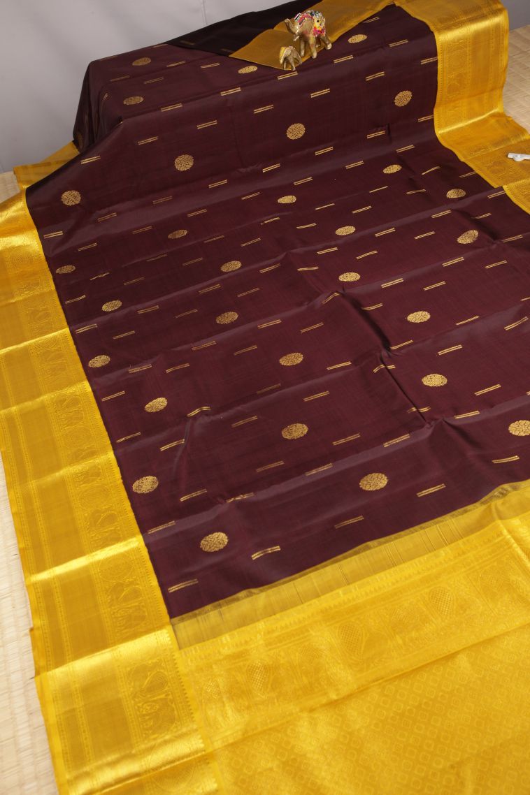 Bindi Red Kanchipuram Silk Sarees with Gold Zari Buttis (small Dots Or Motifs) view 2