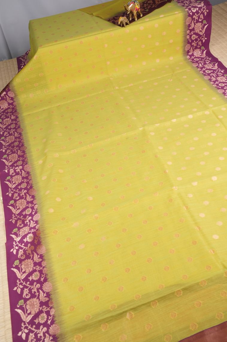 Lime Green Tussar Saree with Copper Zari Buttis (small Dots Or Motifs) view 2