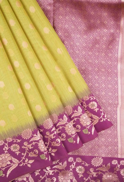 Lime Green Tussar Saree with Copper Zari Buttis (small Dots Or Motifs)