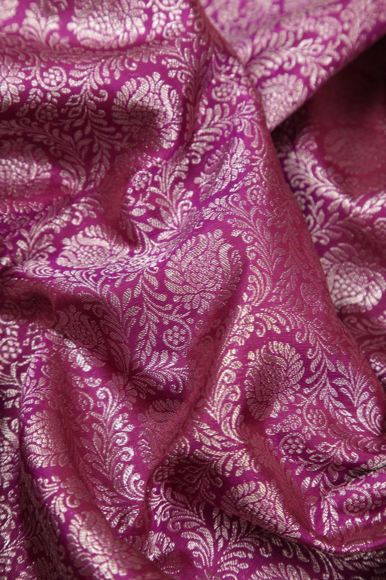 Magenta Purple Kanchipuram Silk Sarees with Silver Zari Floral Patterns view 4