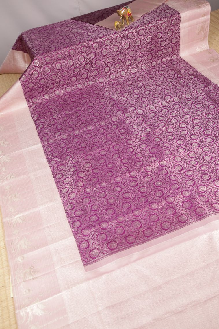 Magenta Purple Kanchipuram Silk Sarees with Silver Zari Floral Patterns view 2