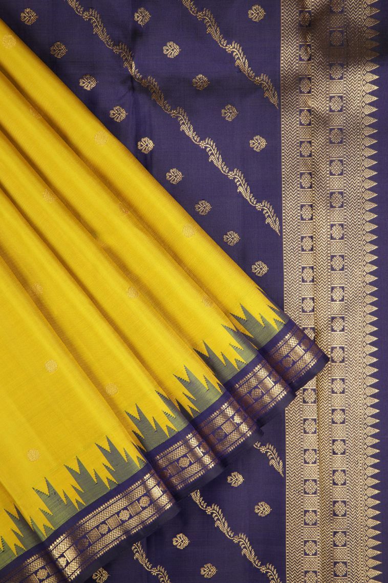 Latte Yellow Kanchipuram Silk Sarees with Gold Zari Buttis (small Dots Or Motifs) view 1