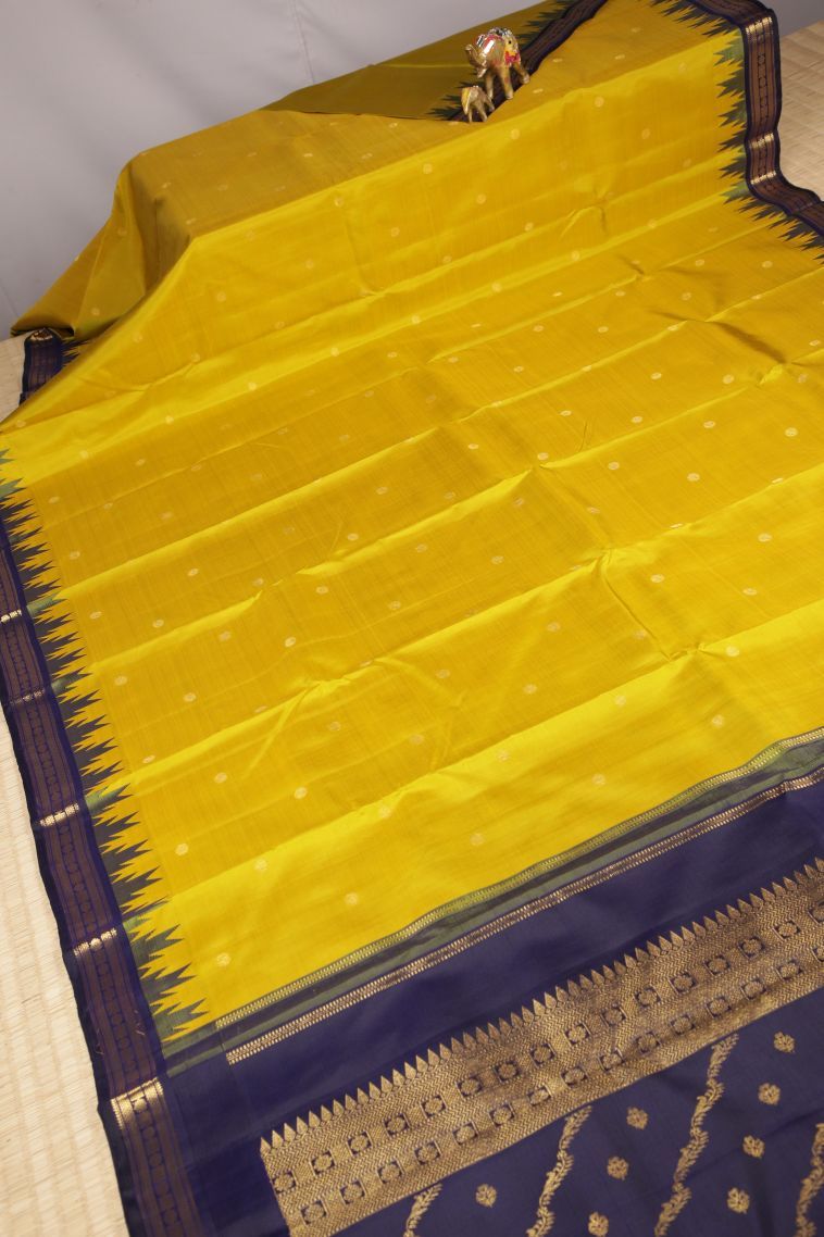Latte Yellow Kanchipuram Silk Sarees with Gold Zari Buttis (small Dots Or Motifs) view 2