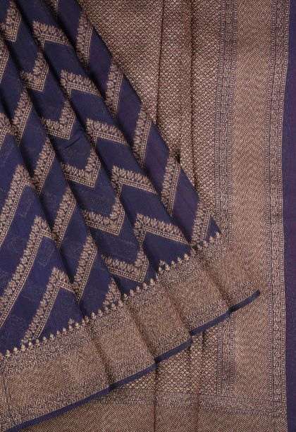 Navy Blue Banaras Sarees with Copper Zari Geometric Shapes