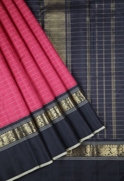 Magenta  Pink Kanchipuram Silk Sarees with Gold And Silver Zari Checks