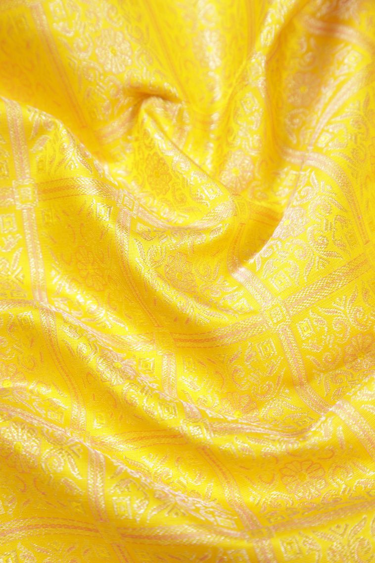 Lemon Yellow Kanchipuram Silk Sarees with Silver Zari Floral Patterns view 4