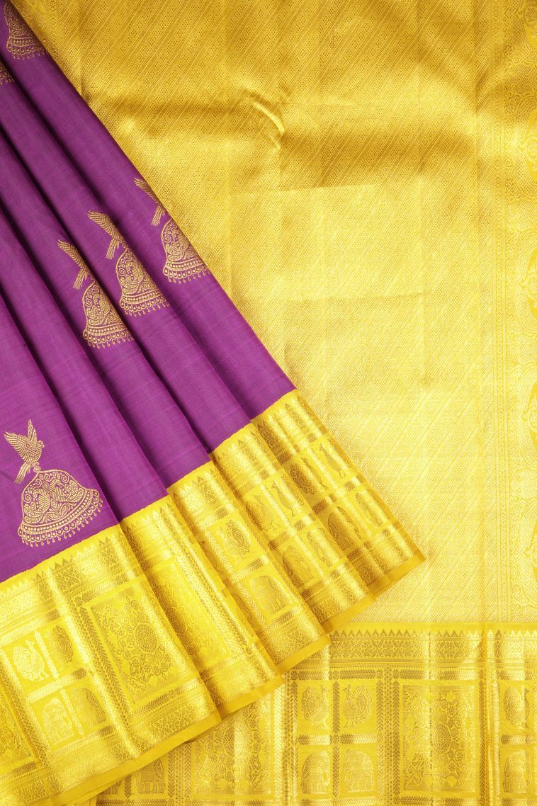 Magenta Purple Kanchipuram Silk Sarees with Gold Zari Buttis (small Dots Or Motifs) view 1