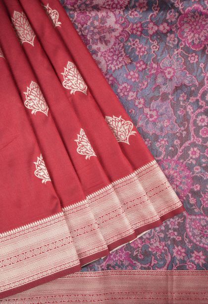 Apple Red Banaras Sarees with Copper Zari Buttis (small Dots Or Motifs)