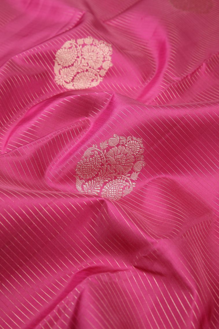 Bubblegum Pink Kanchipuram Silk Sarees with Gold Zari Stripes view 4