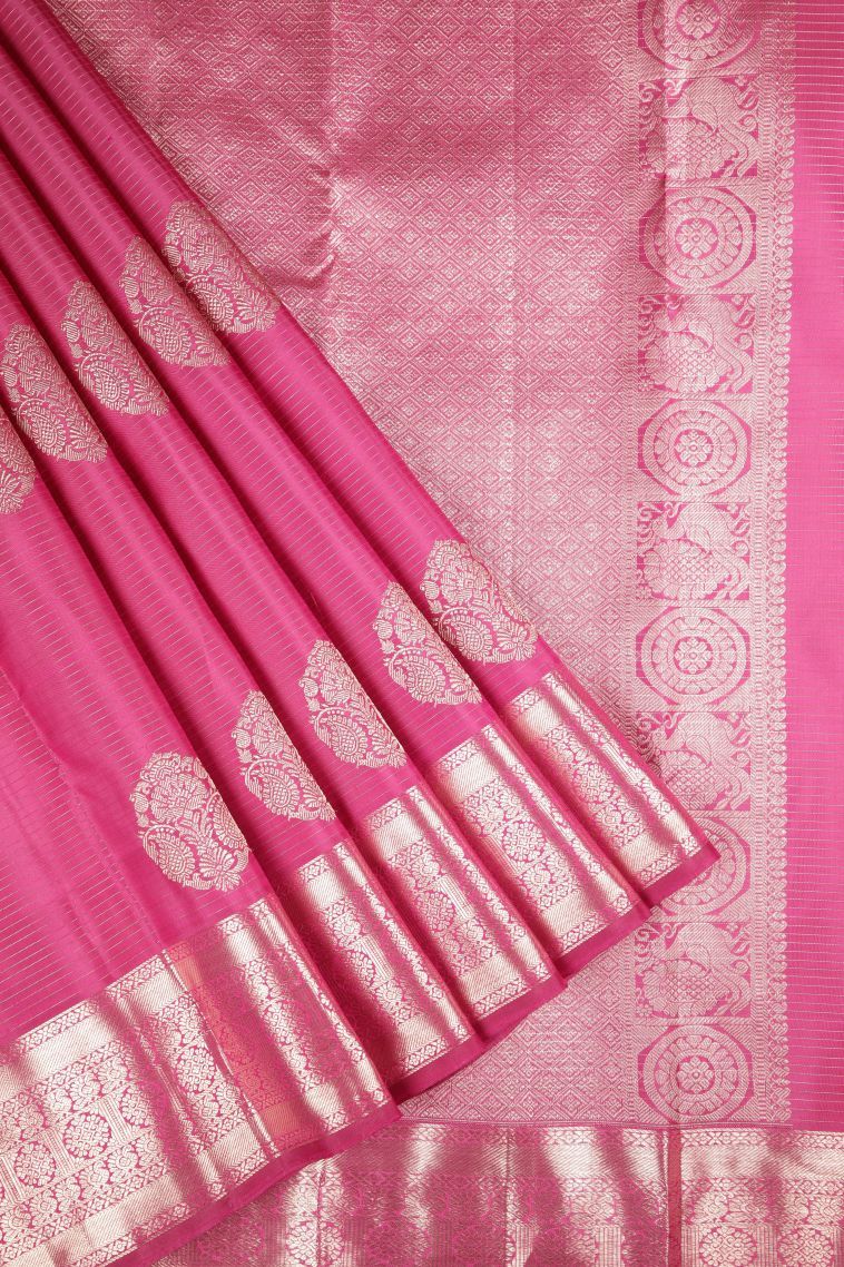 Bubblegum Pink Kanchipuram Silk Sarees with Gold Zari Stripes view 1