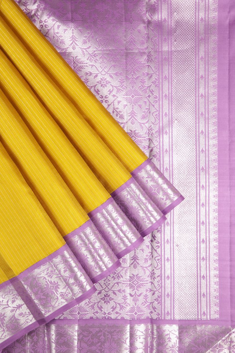 Lemon Yellow Kanchipuram Silk Sarees with Gold Zari Stripes view 1