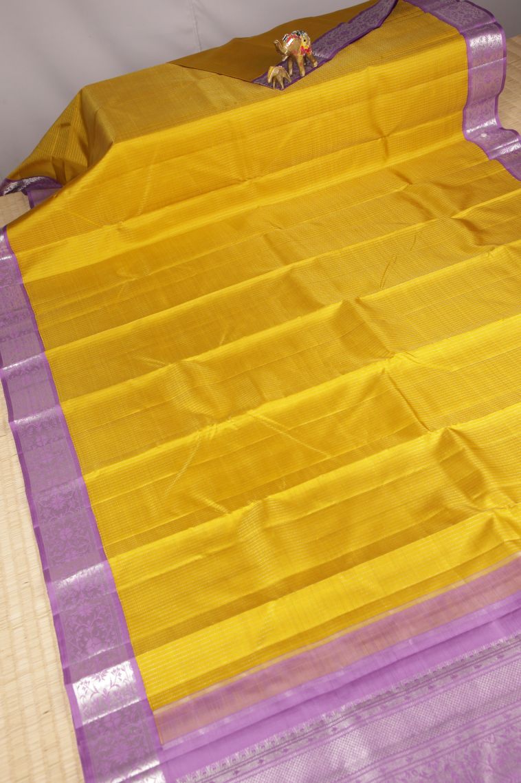 Lemon Yellow Kanchipuram Silk Sarees with Gold Zari Stripes view 2