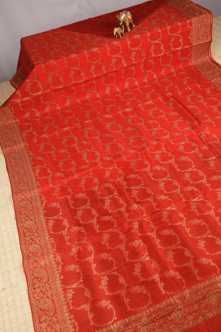 Tiger Orange Banaras Sarees with Gold Zari Floral Patterns view 2