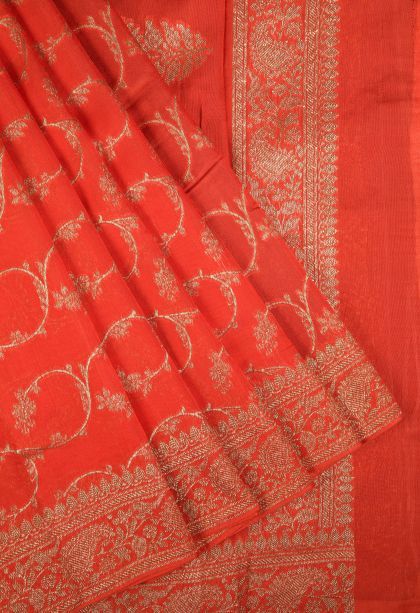 Tiger Orange Banaras Sarees with Gold Zari Floral Patterns