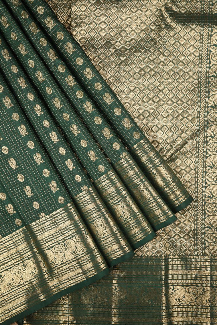 Bottle Green Kanchipuram Silk Sarees with Gold Zari Checks view 1