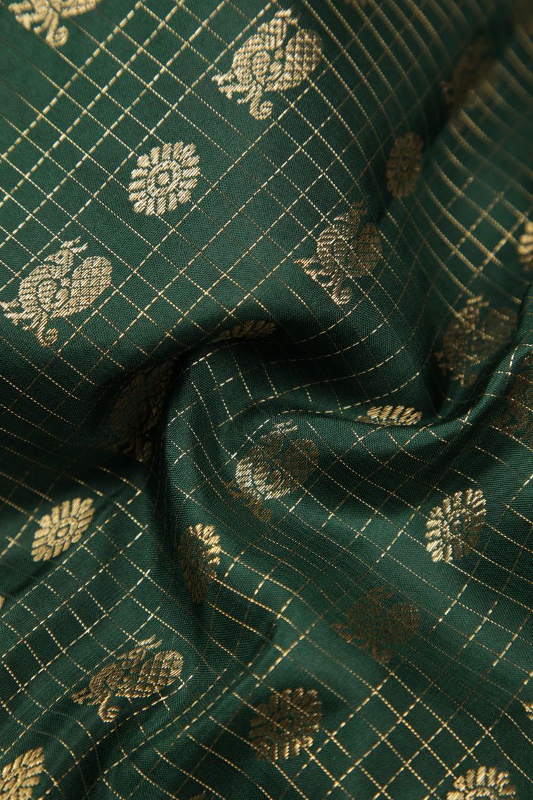 Bottle Green Kanchipuram Silk Sarees with Gold Zari Checks view 4