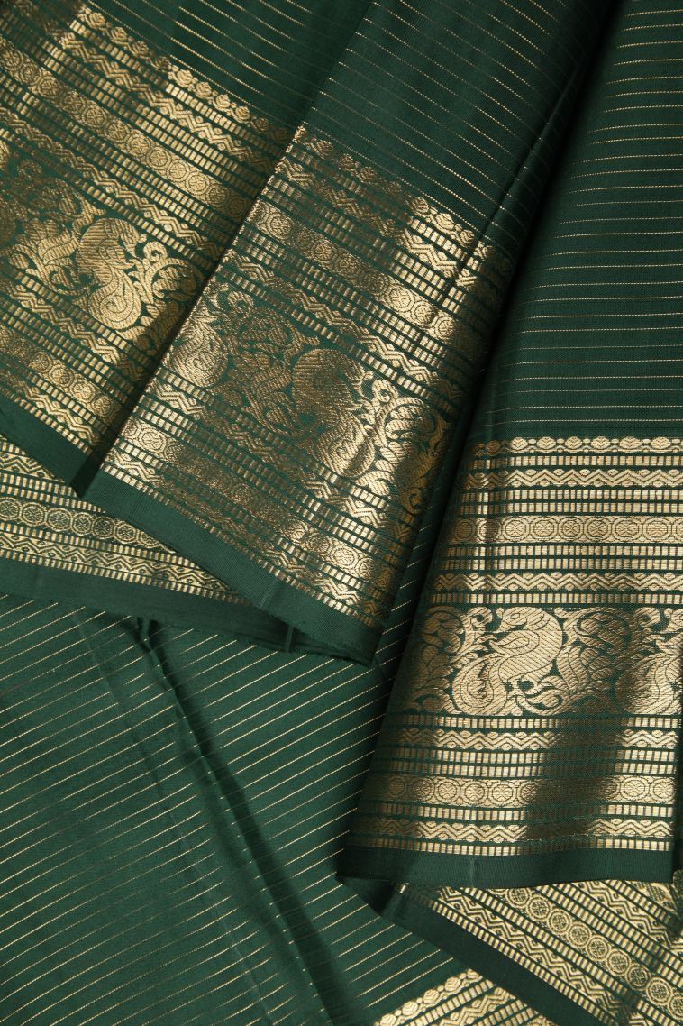 Bottle Green Kanchipuram Silk Sarees with Gold Zari Checks view 3