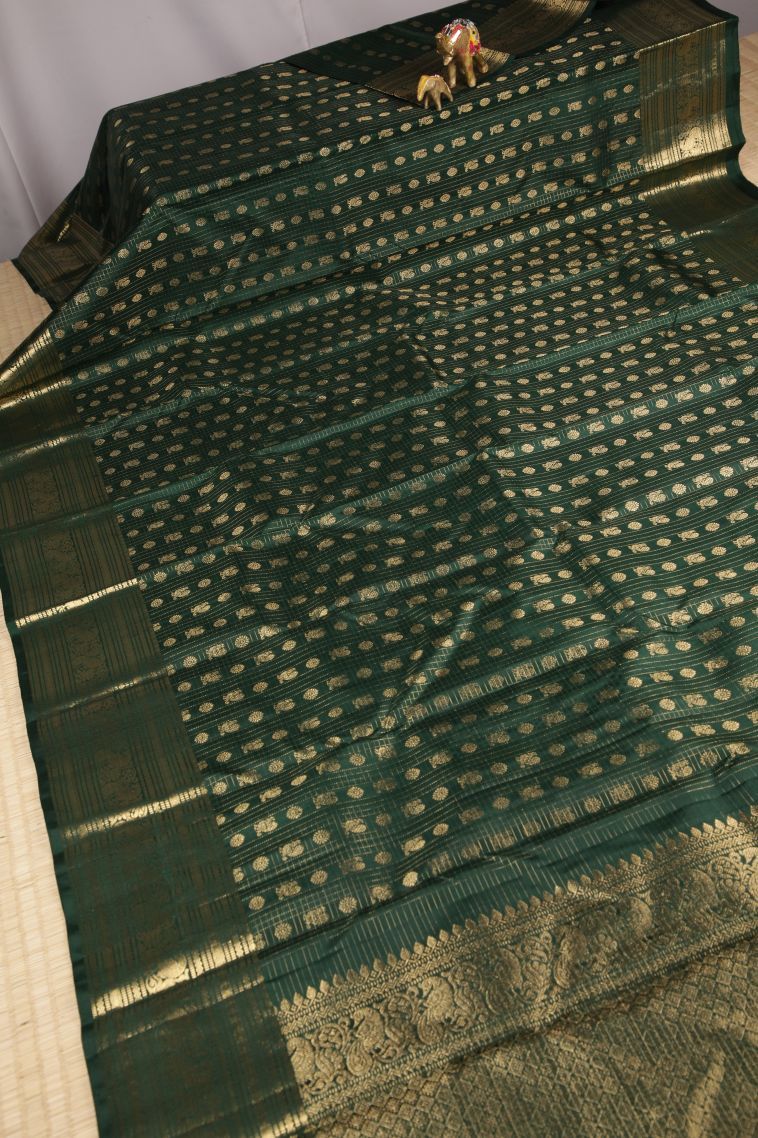 Bottle Green Kanchipuram Silk Sarees with Gold Zari Checks view 2