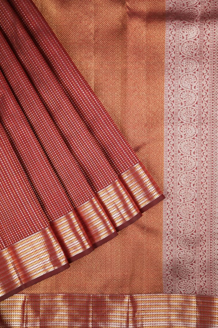 Apple Red Kanchipuram Silk Sarees with Gold And Silver Zari Stripes view 1