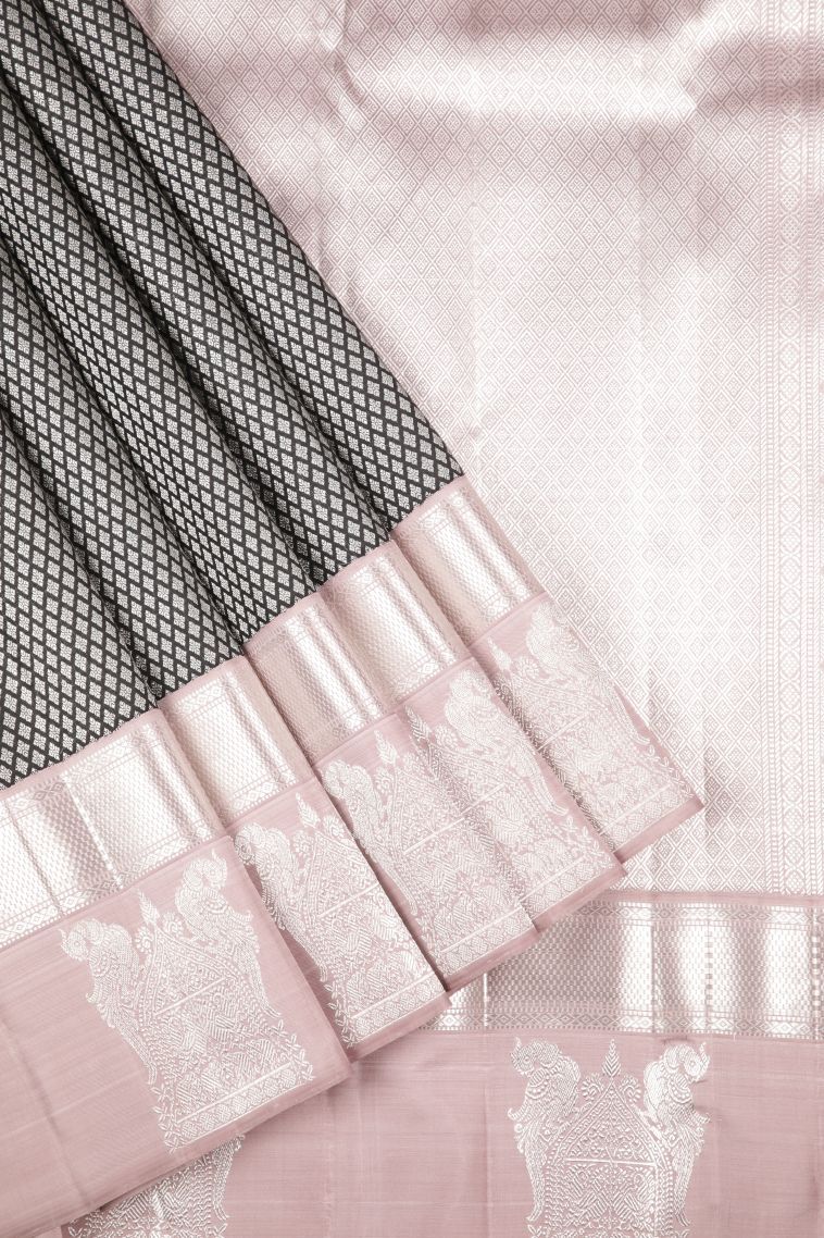 Asphalt Black Kanchipuram Silk Sarees with Silver Zari Buttis (small Dots Or Motifs) view 1