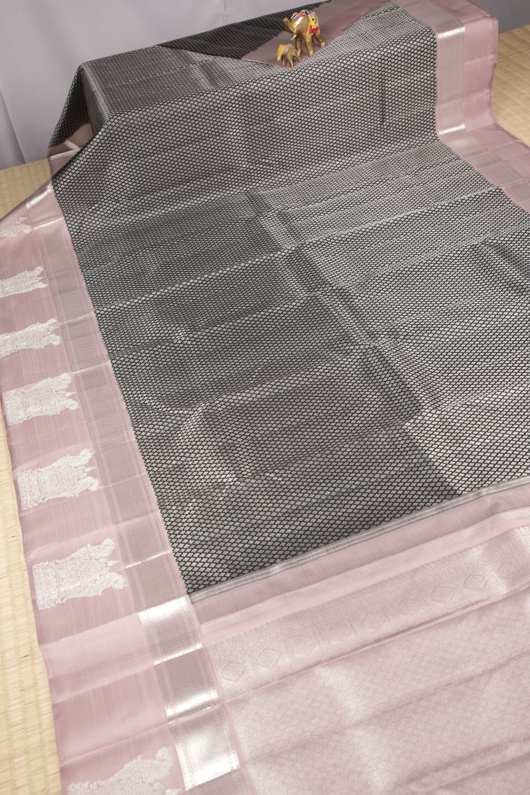 Asphalt Black Kanchipuram Silk Sarees with Silver Zari Buttis (small Dots Or Motifs) view 2