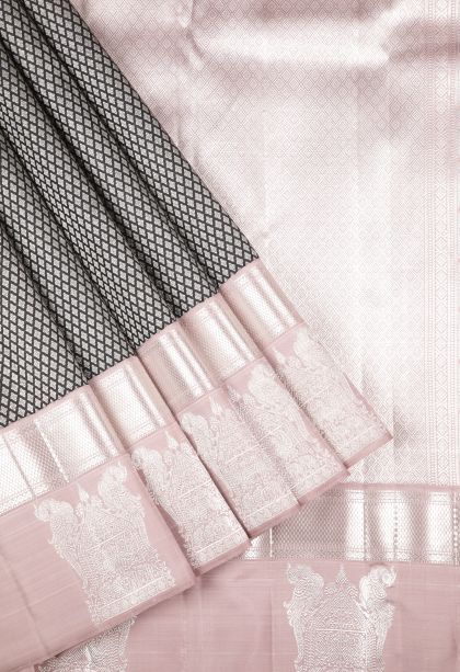 Asphalt Black Kanchipuram Silk Sarees with Silver Zari Buttis (small Dots Or Motifs)