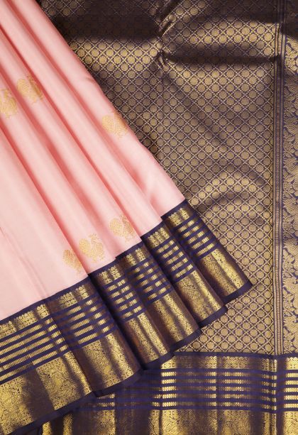 Peach Pink Kanchipuram Silk Sarees with Gold Zari Buttis (small Dots Or Motifs)