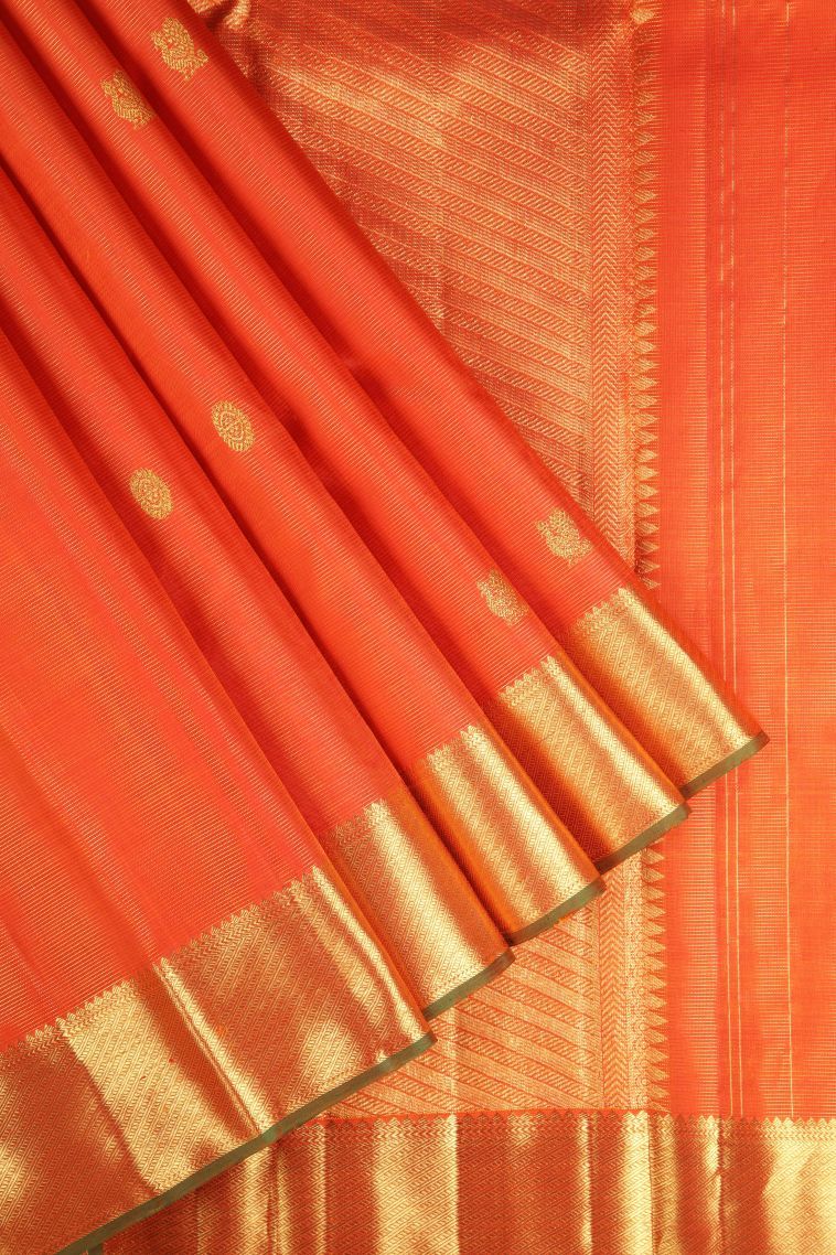 Spice Orange Kanchipuram Silk Sarees with Gold Zari Stripes view 1