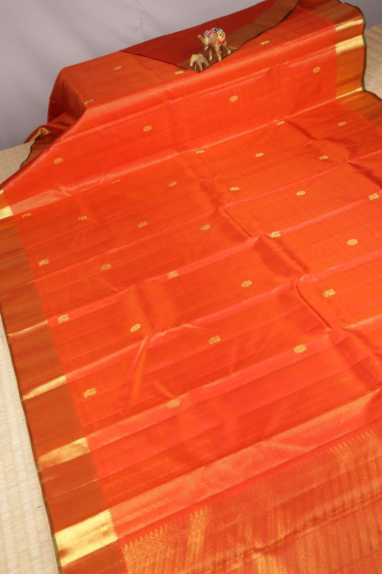 Spice Orange Kanchipuram Silk Sarees with Gold Zari Stripes view 2