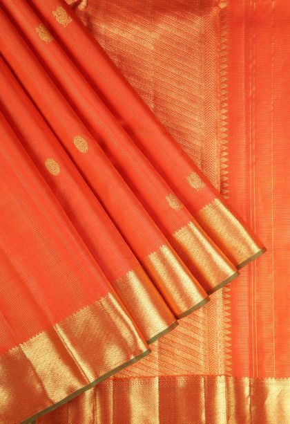 Spice Orange Kanchipuram Silk Sarees with Gold Zari Stripes