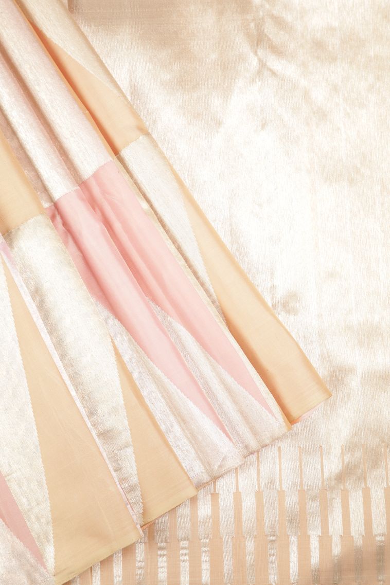 Flamingo Pink Kanchipuram Silk Sarees with Silver Zari Geometric Shapes view 1