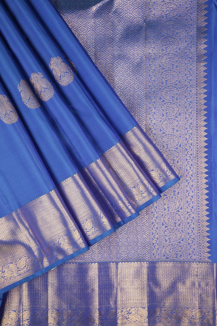 Cobalt Blue Kanchipuram Silk Sarees with Gold Zari Buttis (small Dots Or Motifs) view 1