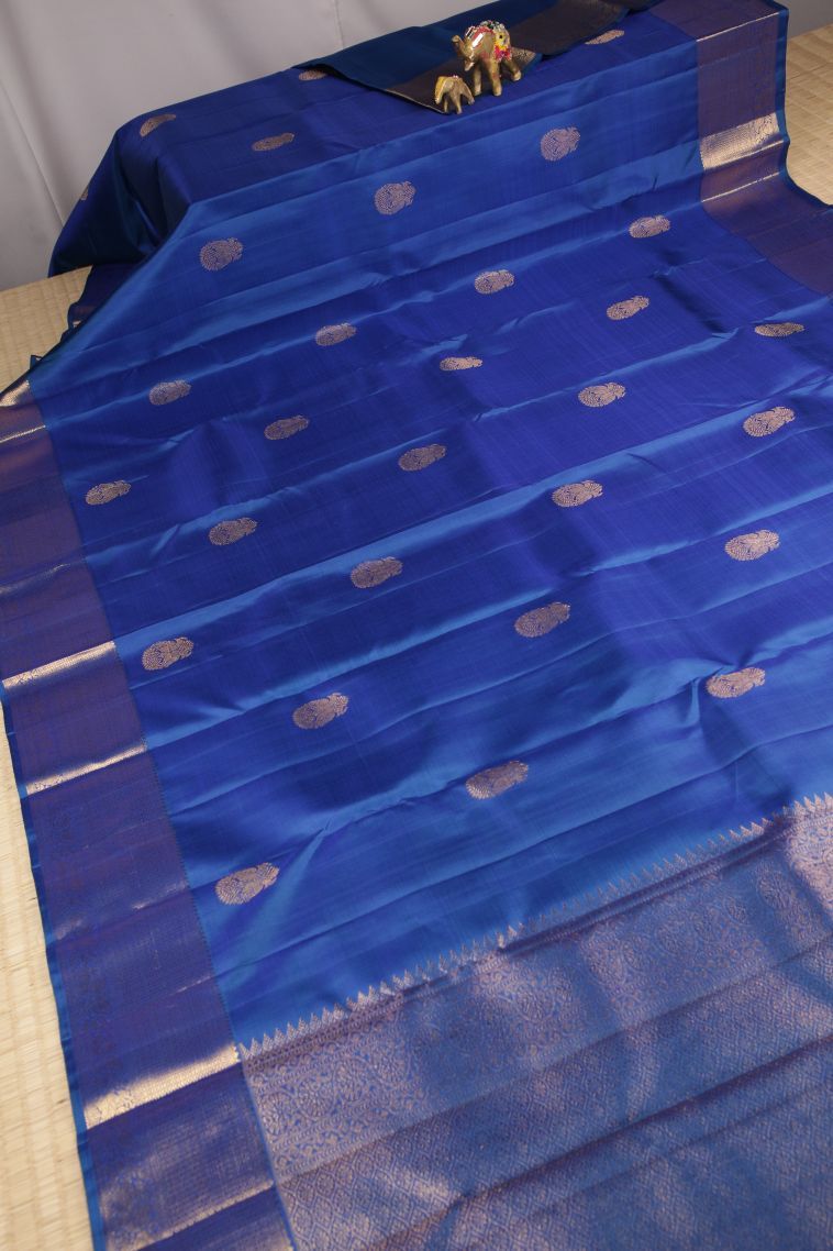Cobalt Blue Kanchipuram Silk Sarees with Gold Zari Buttis (small Dots Or Motifs) view 2