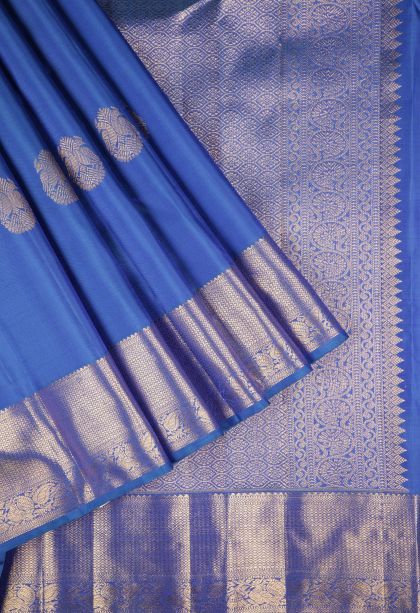 Cobalt Blue Kanchipuram Silk Sarees with Gold Zari Buttis (small Dots Or Motifs)